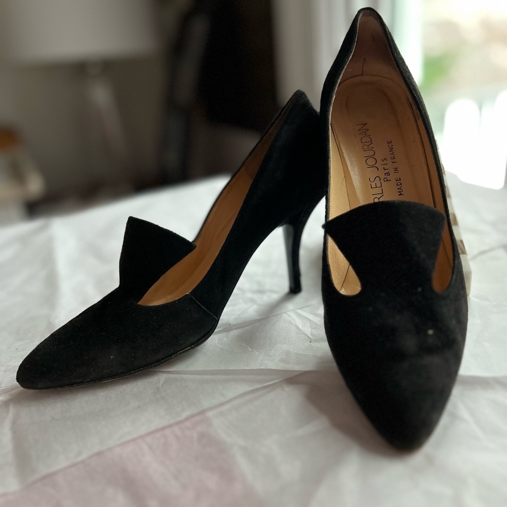 VTG 80s Charles Jourdan black suede pumps Made in France leather insole sz 7